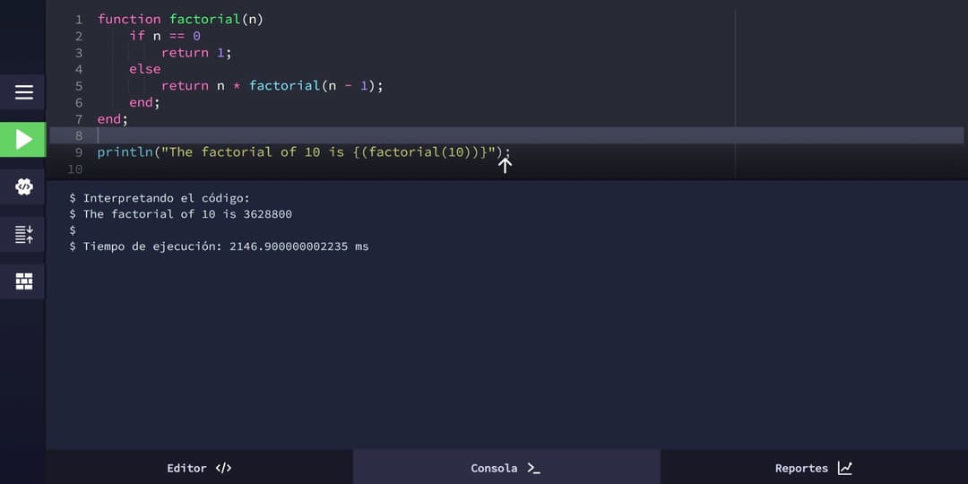 Interpretando código JOLC, se está llamando a una función factorial