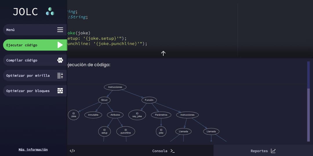 JOLC reporting the AST generated after some code execution; The app menu is also shown