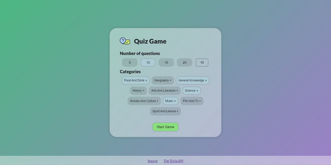 Menú de configuración de Quiz Game, donde se selecciona el número de preguntas y las categorías