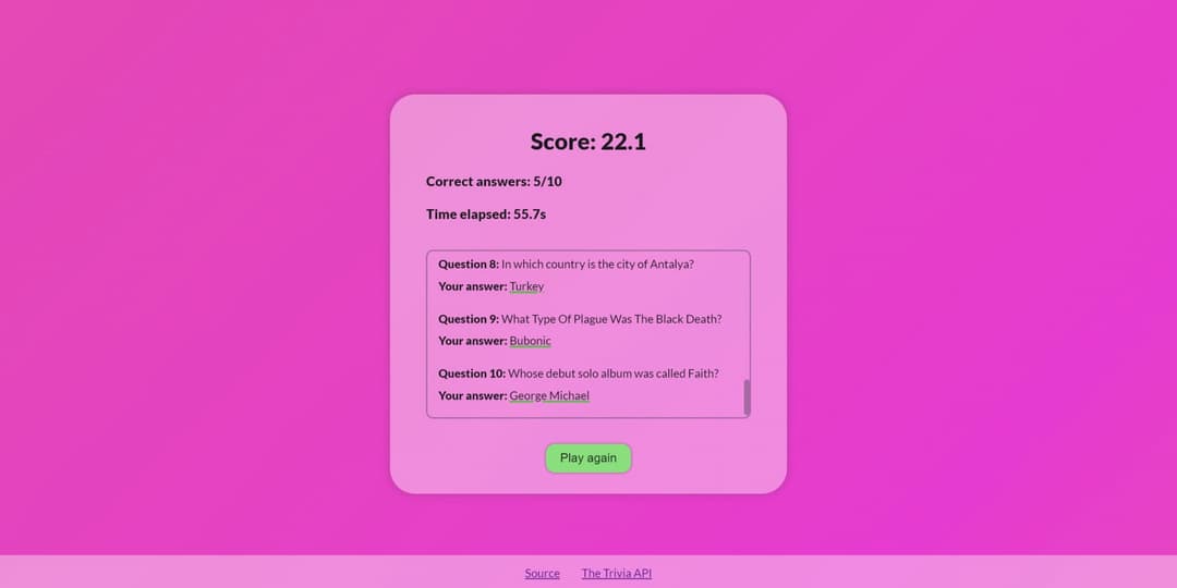 Game score menu where the correct answers and the elapsed time are observed